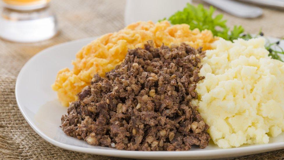 Haggis, turnips and carrots on a plate, the traditional burns meal