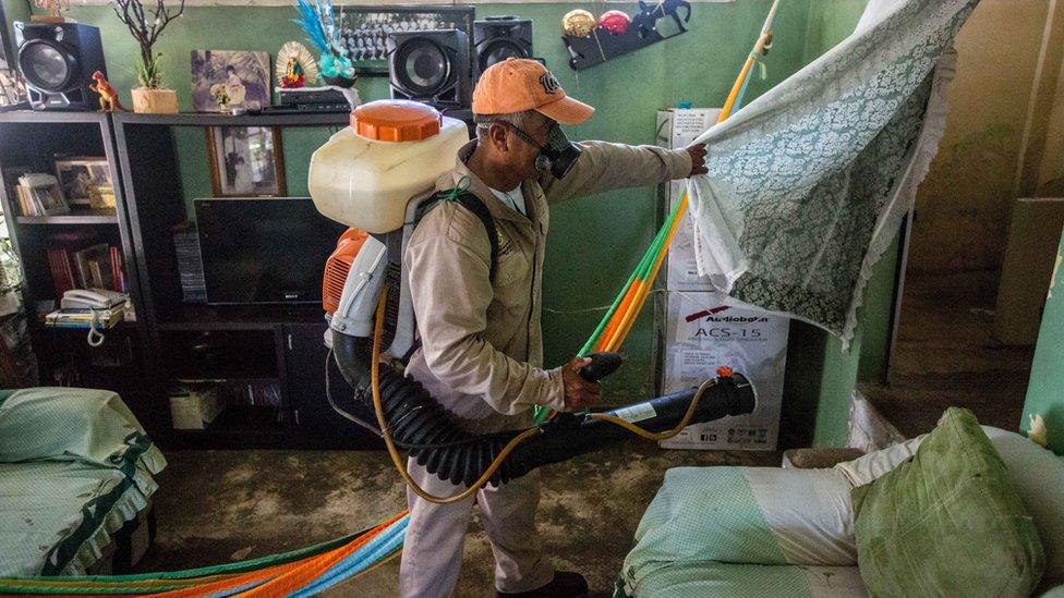 A municipality worker fumigates a home against the Aedes aegypti mosquito