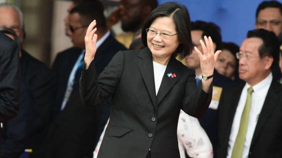 Taiwan President Tsai Ing-wen gestures during the national day in front of the Presidential Office in Taipei on October 10, 2023.