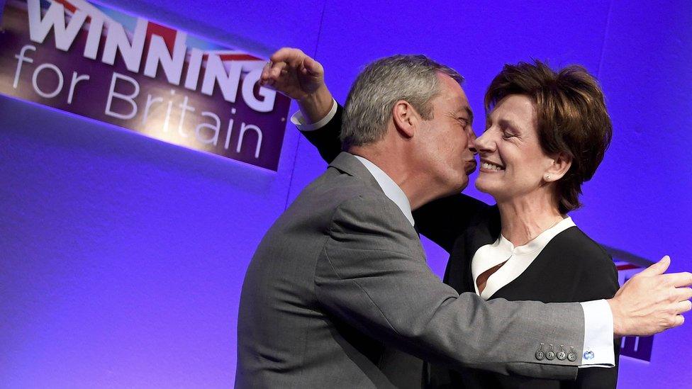 Nigel Farage congratulates new leader Diane James at the party's annual conference in Bournemouth