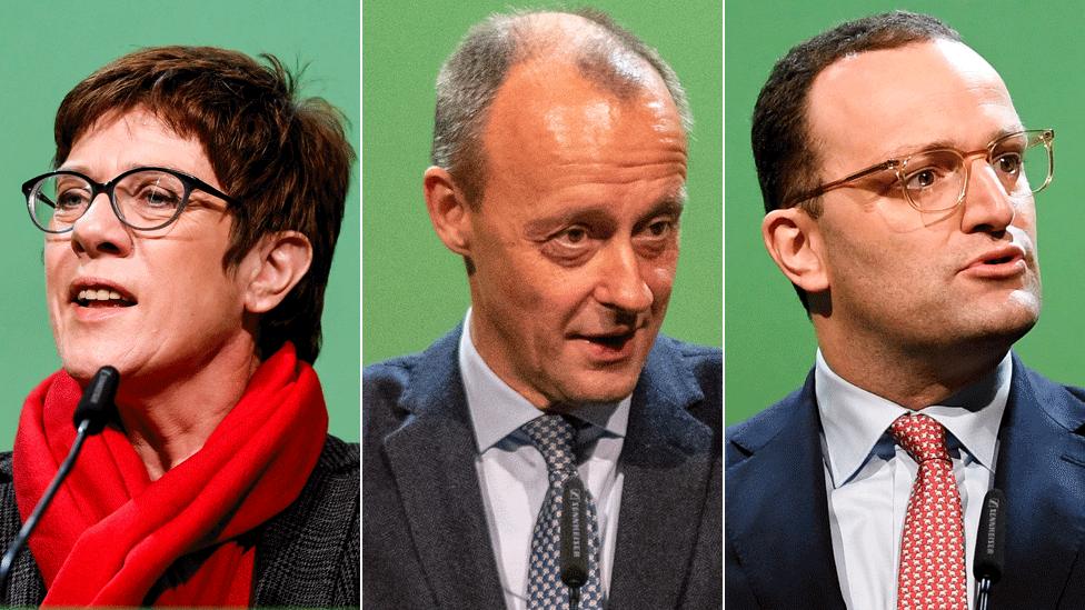 The three candidates: Favourite Annegret Kramp-Karrenbauer (L); Friedrich Merz (C) and Jens Spahn