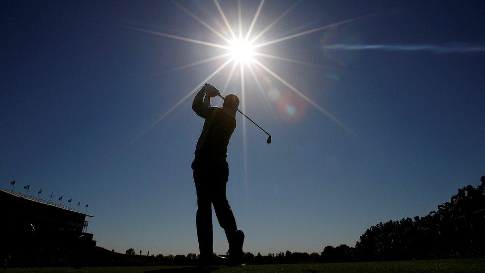 Silhouette of Team Europe's Rory McIlroy during practice on 27th September 2018