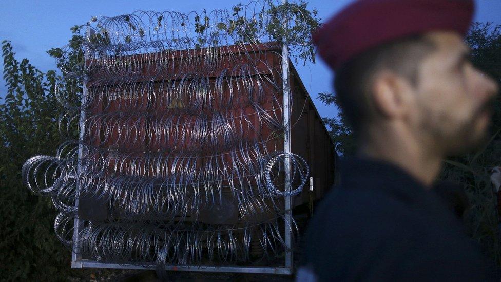 Container used to block railway line in Hungary. 14 Sept 2014