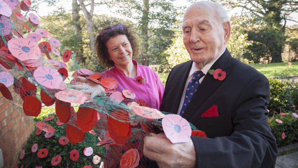 Veteran and Pendine Park resident Bill Evans views the display with staff member Elaine Lee