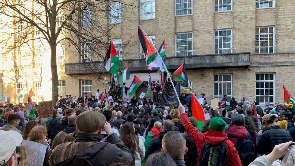 Pro-Palestinian protesters at BBC headquarters in Belfast