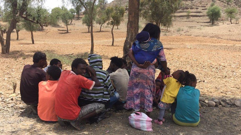 Eritrean refugees sitting under the shade of a tree in Ethiopia