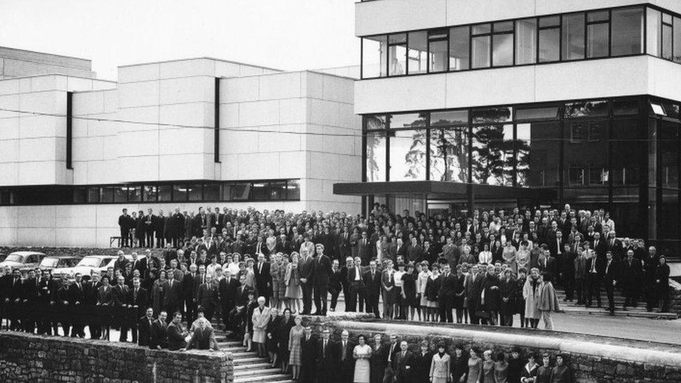 A staff photo on the steps of the new BBC Wales building in 1966