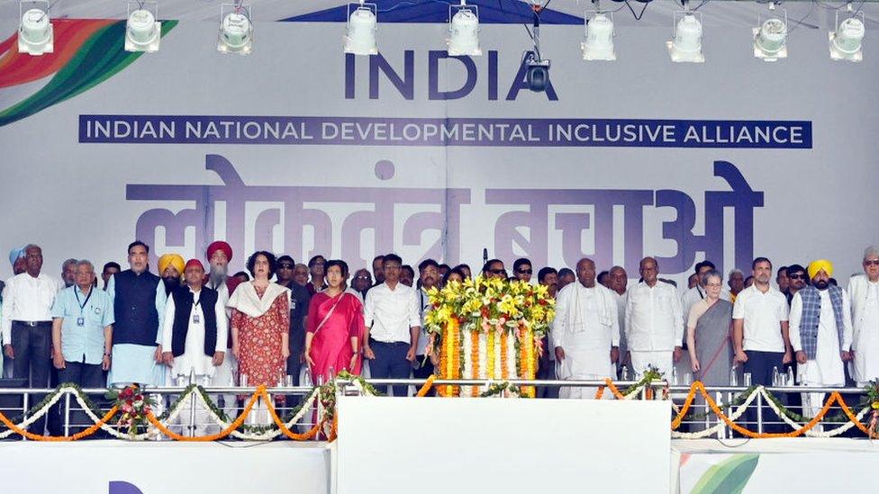 Congress President Mallikarjun Kharge, Sonia Gandhi and Rahul Gandhi, NCP (Sharad) leader Sharad Pawar and AAP leader Bhagwant Mann and others during INDIA bloc's 'Loktantra Bachao' rally at the Ramlila ground, on 31 March 2024 in New Delhi, India.