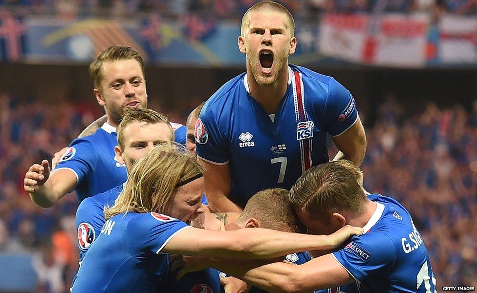 Iceland players celebrate a