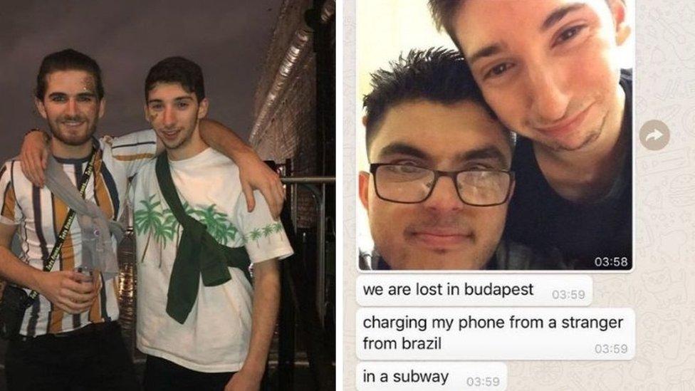 On the left, Jolyon enjoys a night out with a friend; on the right is a screenshot of him telling a friend he is lost in Budapest