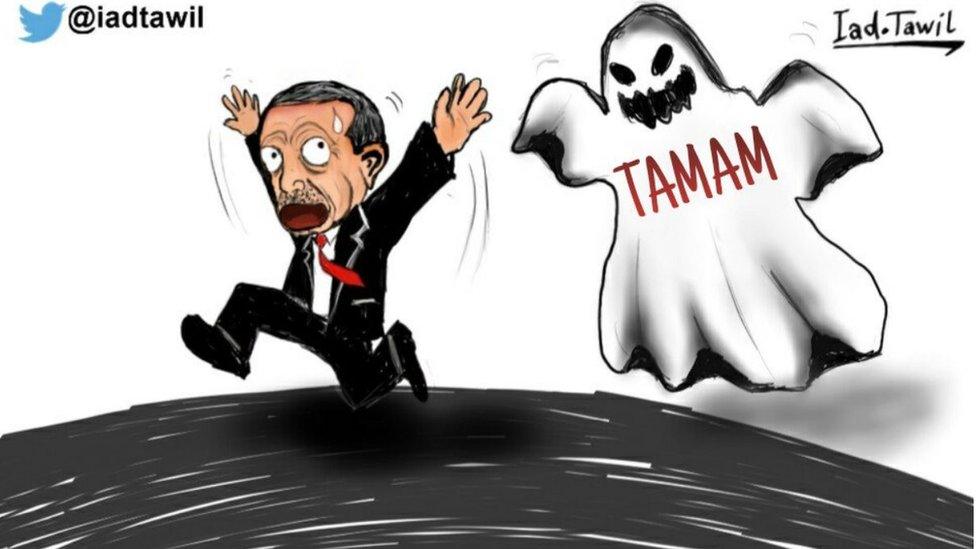 Cartoon of President Erdogan being chased by a ghost with the word TAMAM written on it's