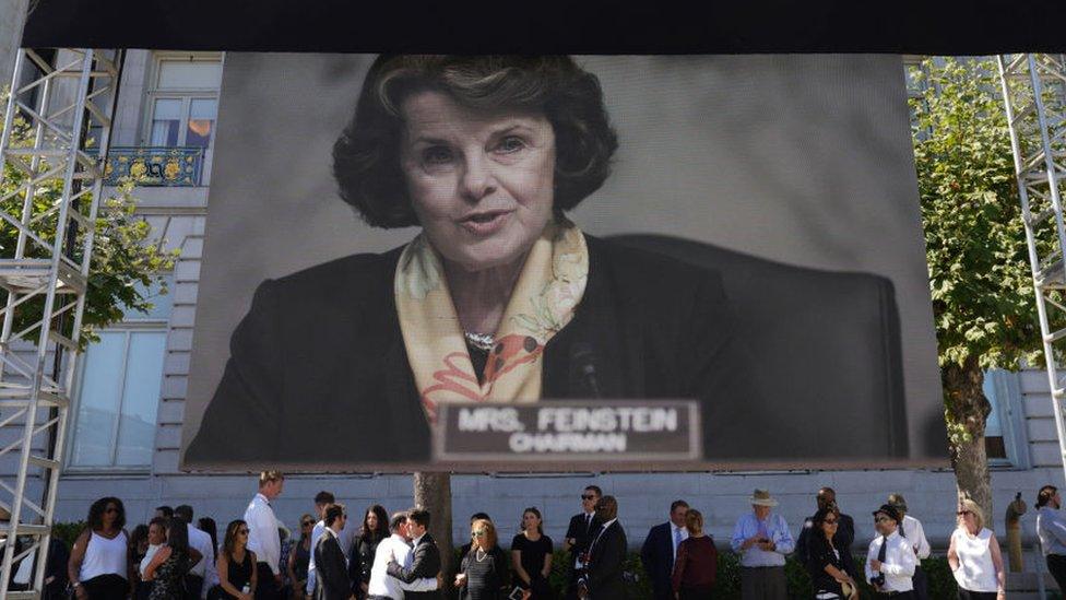 An image of the late US Senator Dianne Feinstein is displayed during her funeral service at City Hall in San Francisco