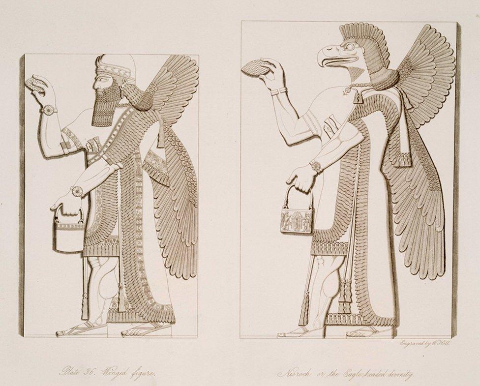 Two drawings of genies with elaborate headdresses