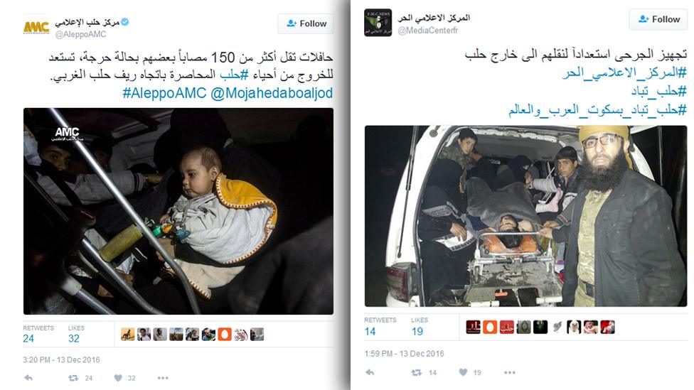 Tweets from Syrian Pro-opposition Aleppo Media Centre and Free Media Centre