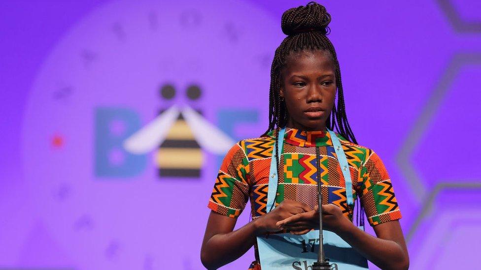 Shifa Amankwah-Gabbey, 12, of Accra, Ghana, participates in the 91st Scripps National Spelling Bee at the Gaylord National Resort and Convention Center May 30, 2018 in National Harbor, Maryland.