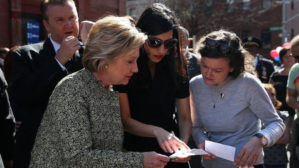 Abedin with Hillary Clinton on the presidential campaign trail