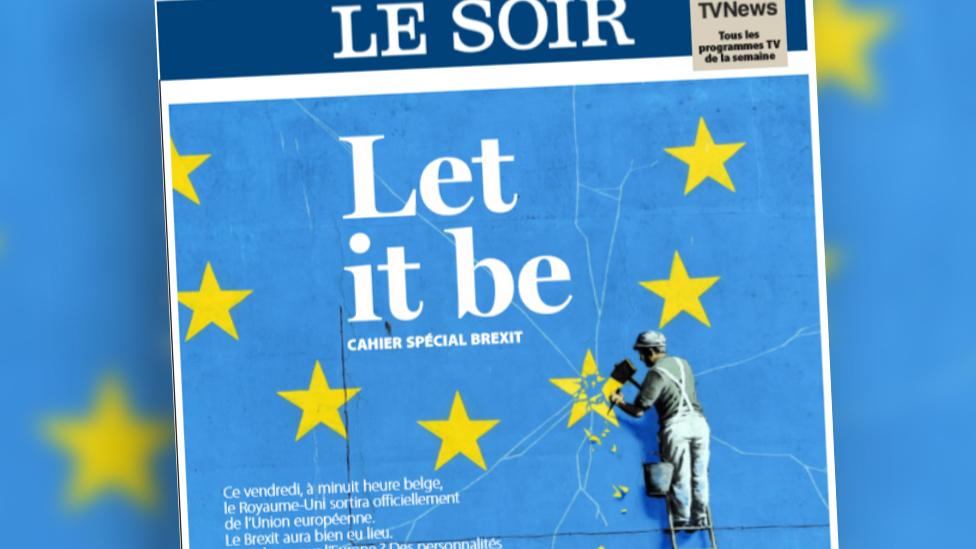 Front page of Le Soir showing a European Union star being chipped off a wall painting