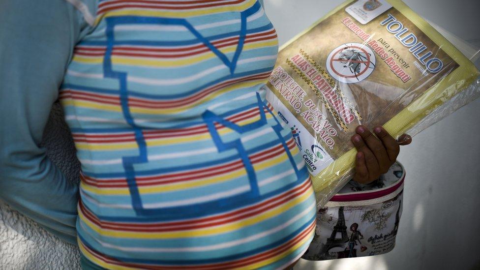 A pregnant woman holds a mosquito net in the Colombian city of Cali