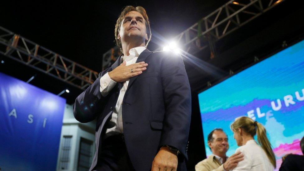 Luis Lacalle Pou speaks to his supporters after the second round of the presidential election in Montevideo, 25 November