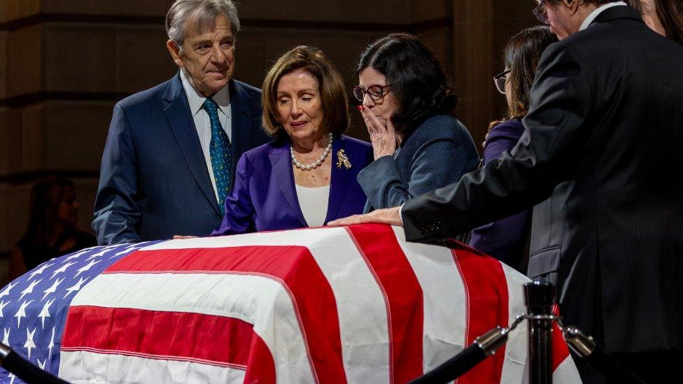 Former House Speaker Nancy Pelosi with her husband Paul and Feinstein family members pay respects to Senator Dianne Feinstein while she lies in state at City Hall