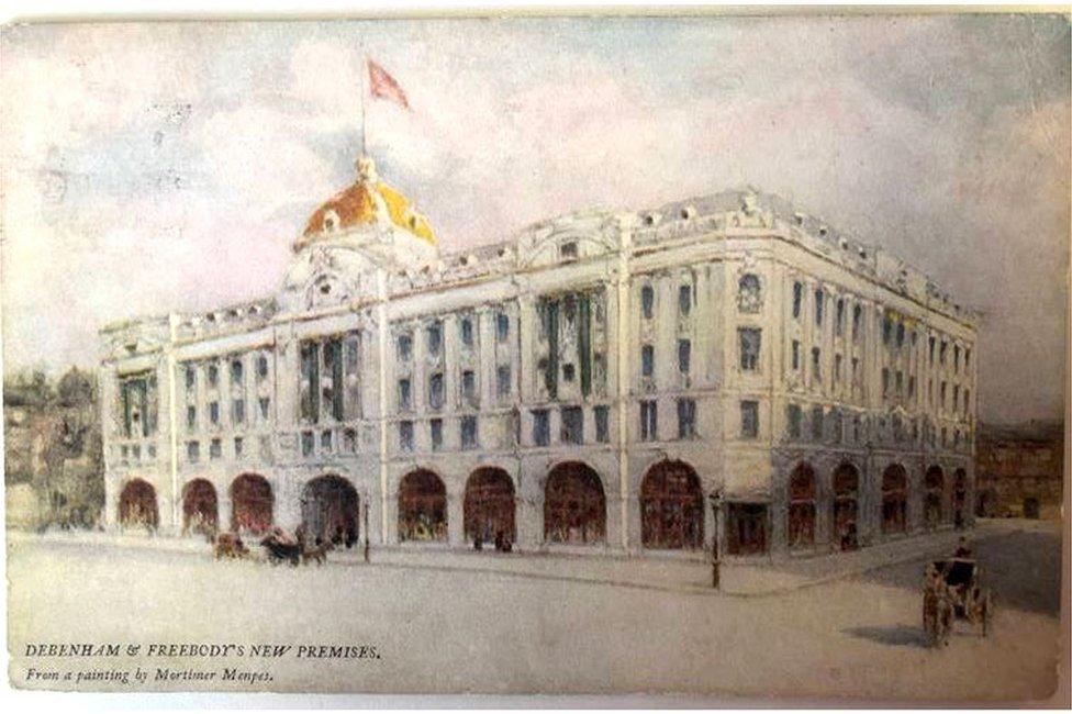 A watercolour postcard of a Debenhams department store in 1905