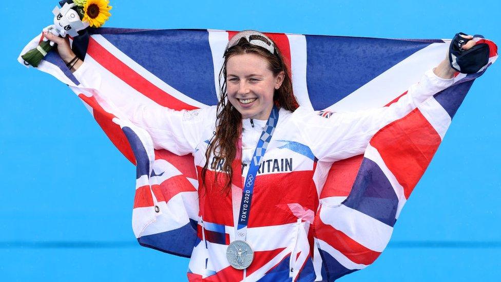 Georgia Taylor-Brown of Team Great Britain celebrates winning the silver medal during the Women's Individual Triathlon.