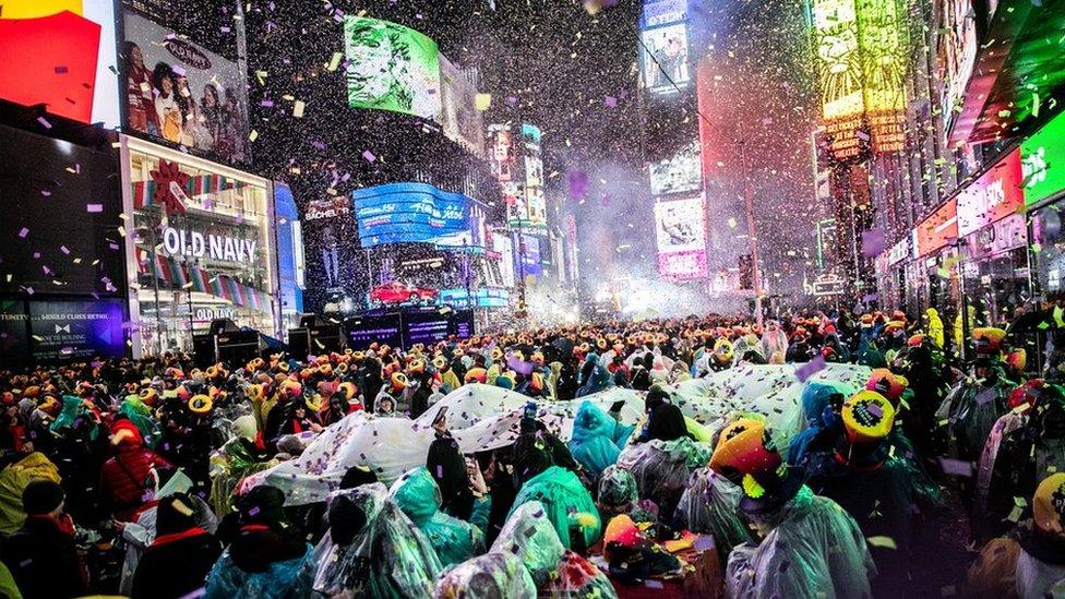 Revellers celebrate New Year's Eve in Times Square in the Manhattan borough of New York, U.S