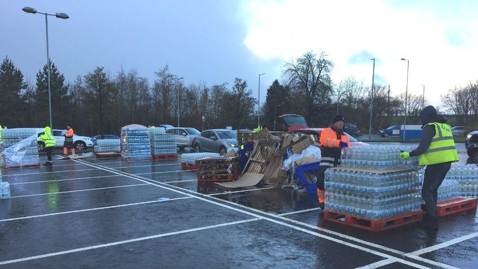 Bottled water collection point at Williamwood High School