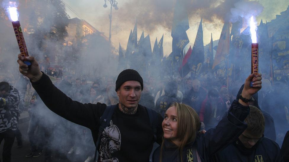 Flares at a nationalist rally in Kiev, Ukraine