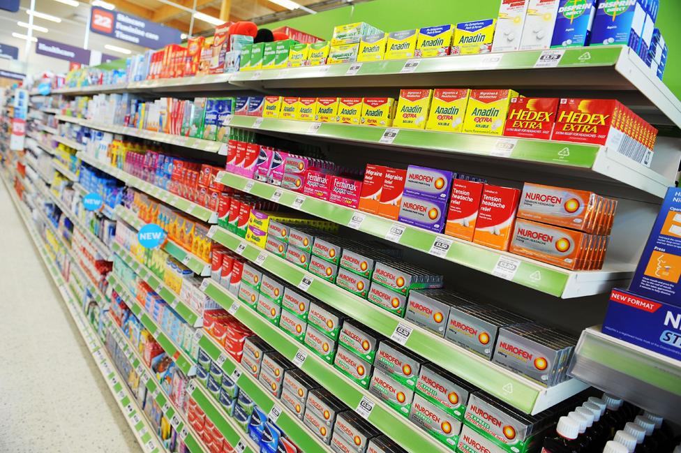 Headache drugs on supermarket/pharmacy shelf