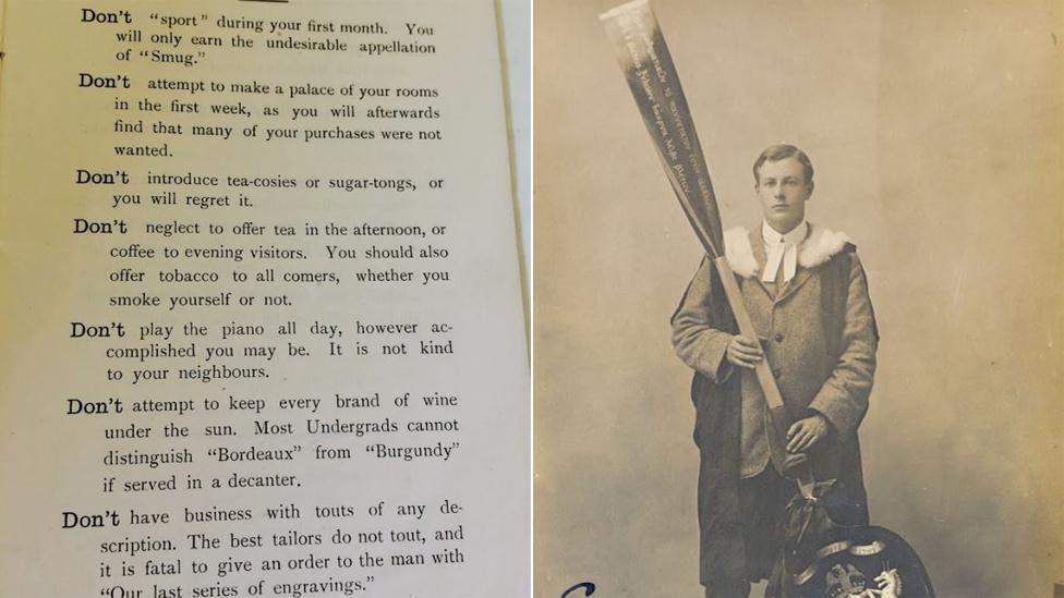 Page from the Fresher's Don't and Cuthbert Holthouse with his wooden spoon in 1909