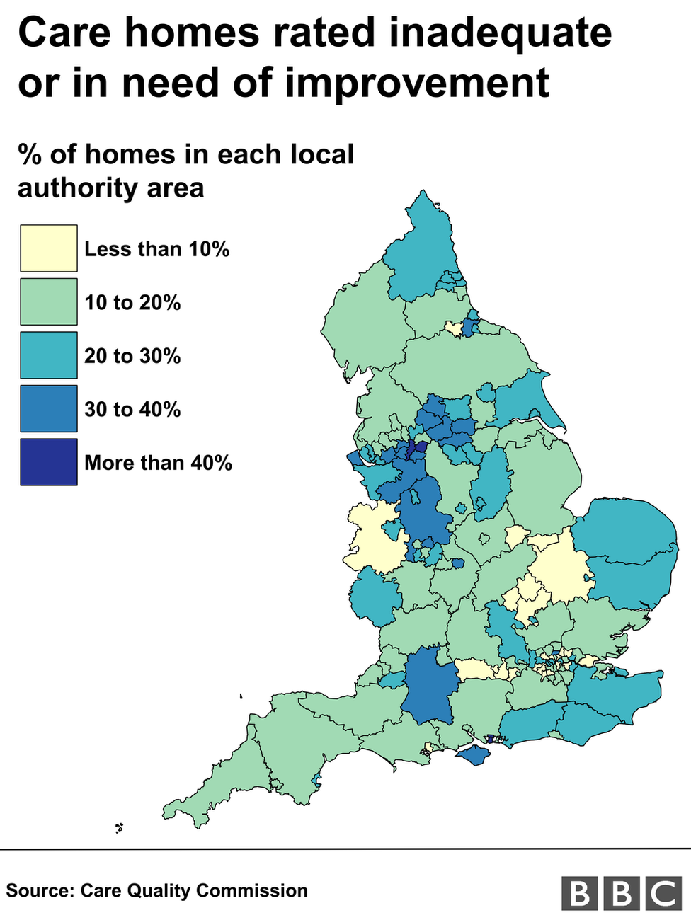 Map showing proportion of care homes in need of improvement by local authority area