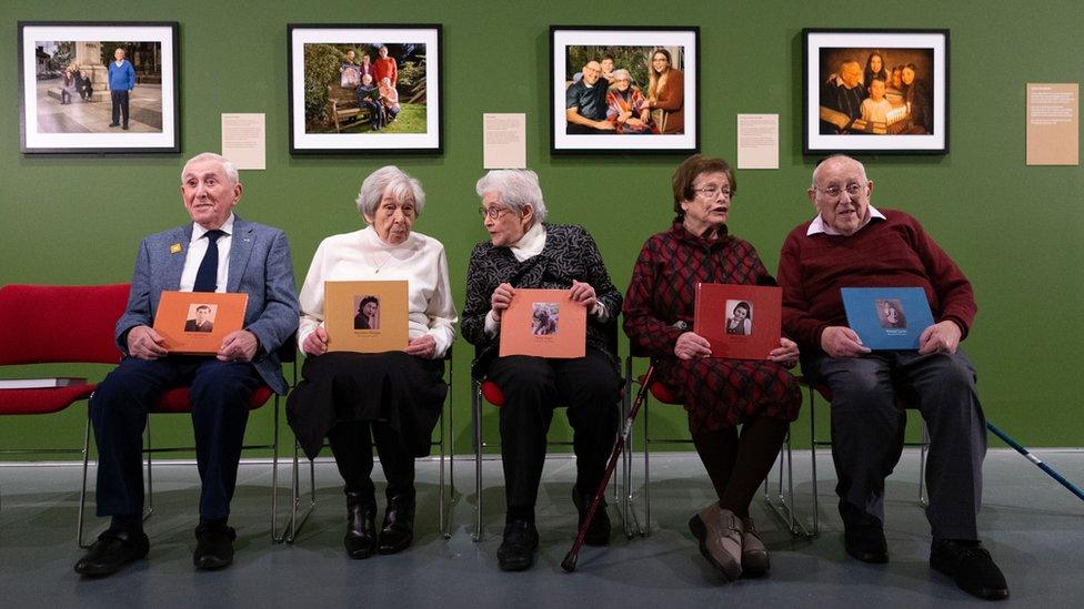 Holocaust survivors Ike Alterman (L), Marianne Philipps (2-L), Anne Super (C), Ruth Lachs (2-R) and Werner Lachs (R)