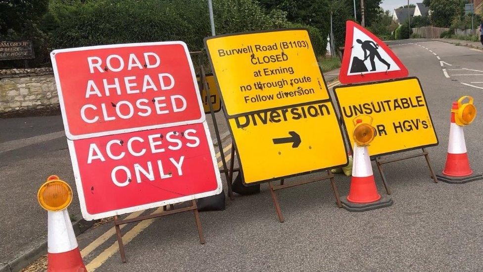 Road closure signs in Burwell, Cambridgeshire