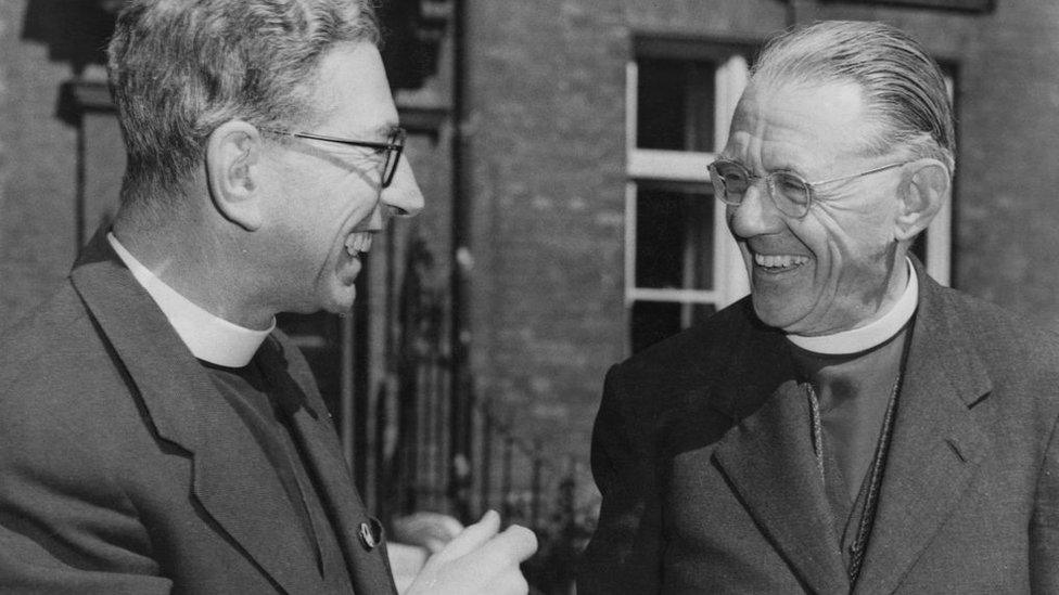 Ambrose Reeves (right), the Bishop of Johannesburg, with Canon John Collins (1905 - 1982, left) in London after being deported from South Africa following his reactions to the Sharpeville Massacre, 12th September 1960