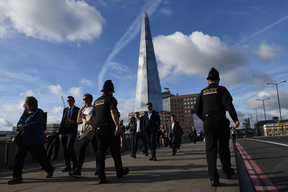 Police officer walking across London Bridge