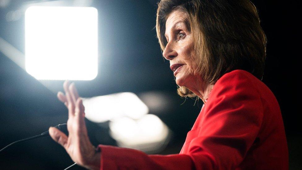 Democratic Speaker of the House from California Nancy Pelosi speaks on the border bill showdown between House and Senate lawmakers in the US capitol in Washington