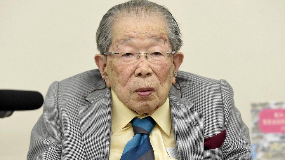 Japanese doctor Shigeaki Hinohara attends a news conference in Tokyo, Japan by Kyodo on September 25, 2015