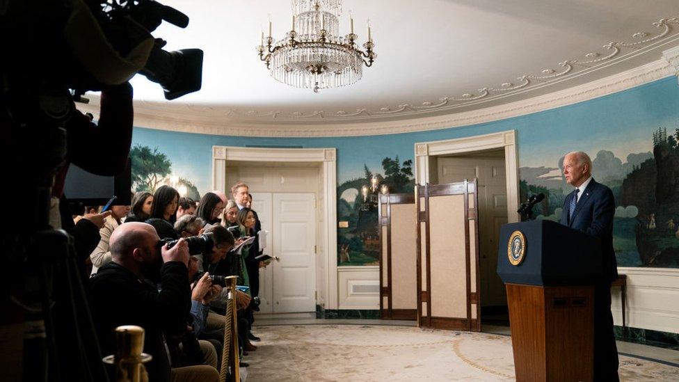 President Joe Biden delivers remarks in the Diplomatic Reception Room of the White House on February 8, 2024 in Washington, DC