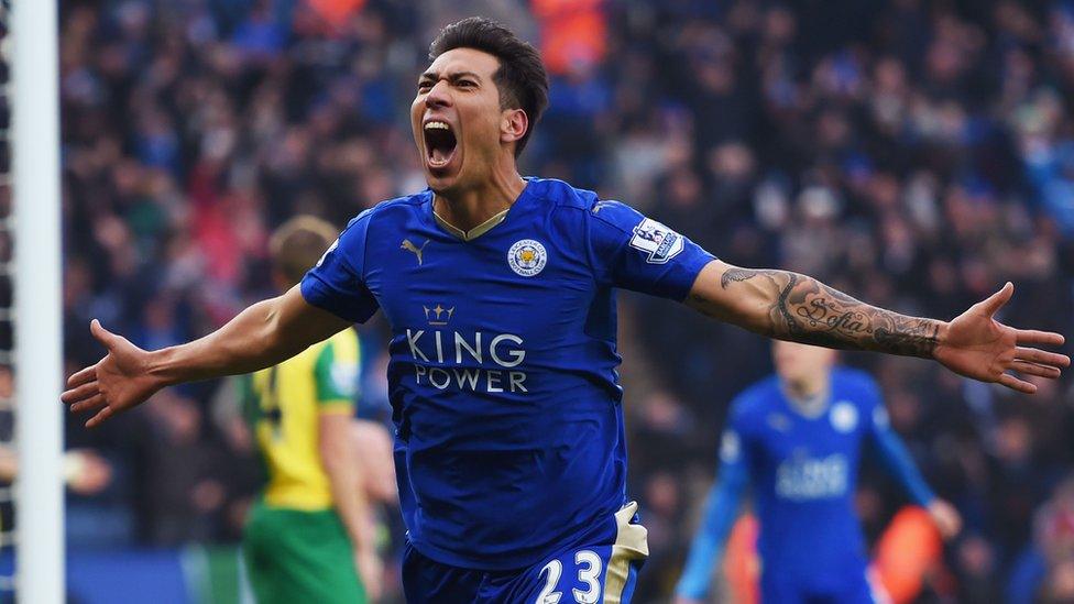 Leonardo Ulloa of Leicester City celebrates scoring against Norwich City