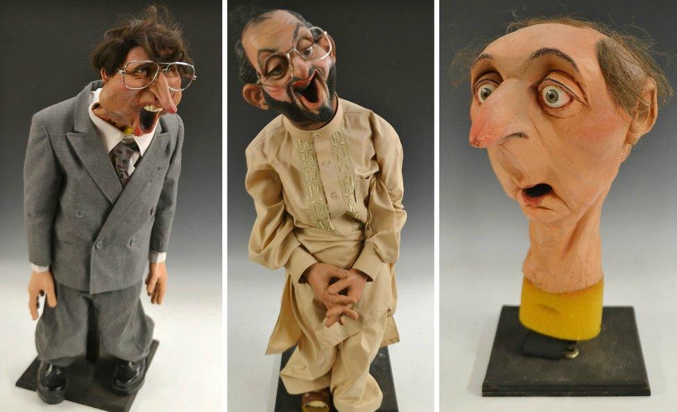 Spitting Image puppets of Jonathan Dimbleby, Salman Rushdie and Jasper Carrot