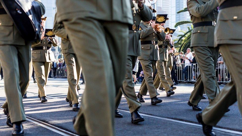 Soldiers march in the Anzac Day parade in Melbourne (2016)