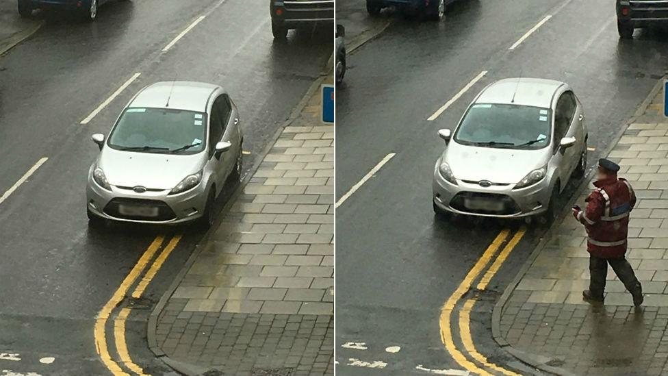 Traffic warden parked on double yellow lines