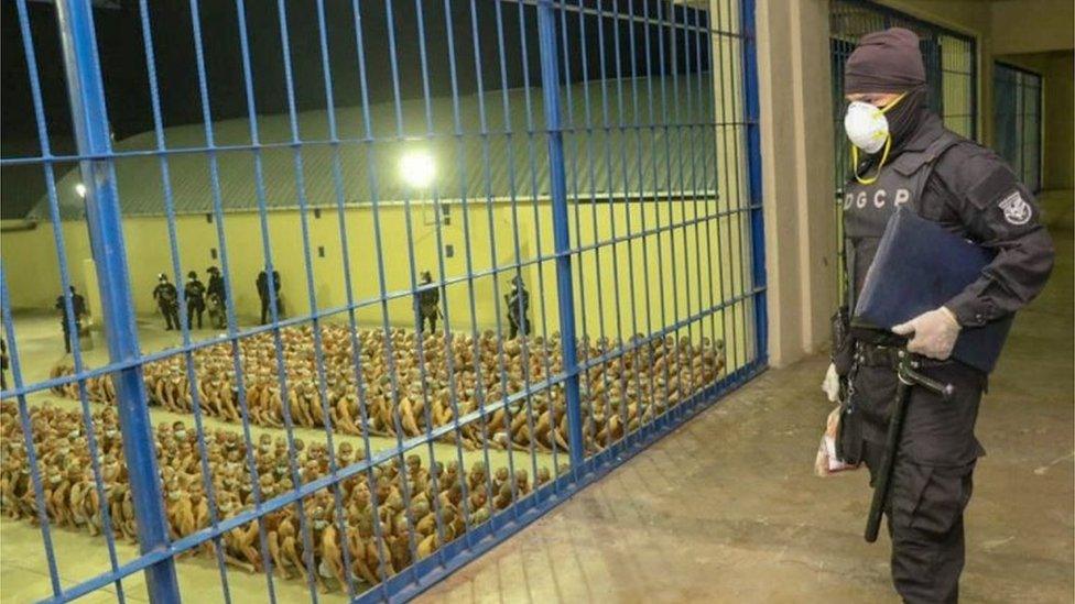 Gang members are secured during a police operation at Izalco jail during a 24-hour lockdown ordered by El Salvador"s President Nayib Bukele in Izalco, El Salvador, photograph released to Reuters by the El Salvador Presidency on April 25, 2020.