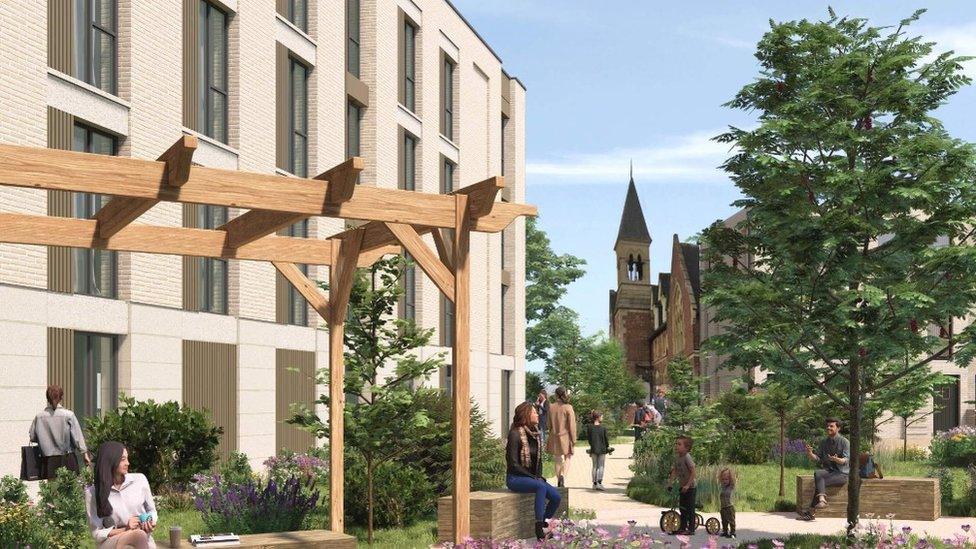 A garden outside the proposed developments with children cycling and a woman sitting on a bench reading.