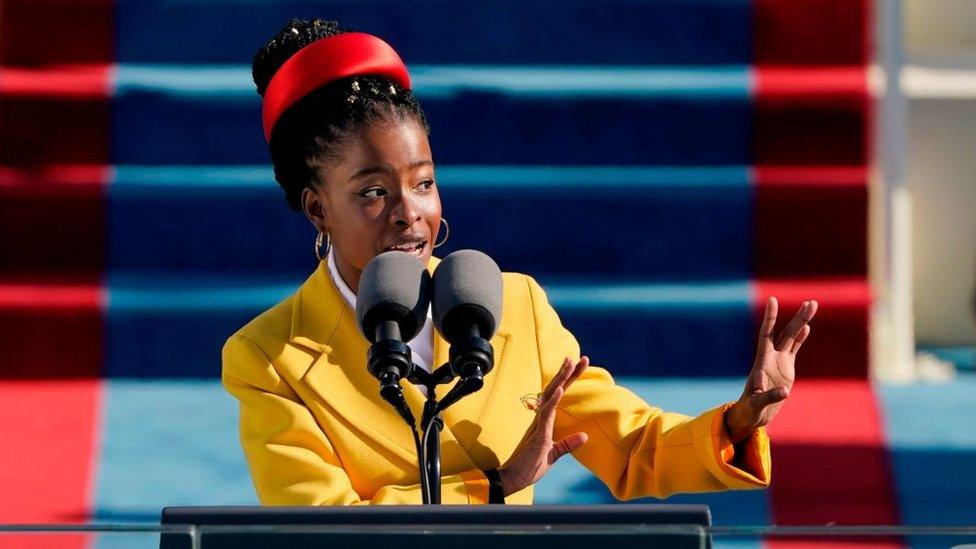 American poet Amanda Gorman reads a poem during the 59th Presidential Inauguration