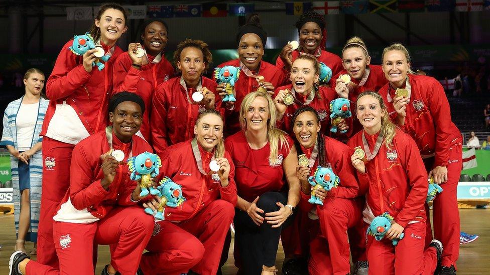 Gold medalists England and head coach Tracey Neville pose during the medal ceremony for the Netball Gold Medal Match on day 11 of the Gold Coast 2018 Commonwealth Games at Coomera Indoor Sports Centre on April 15, 2018 on the Gold Coast, Australia.