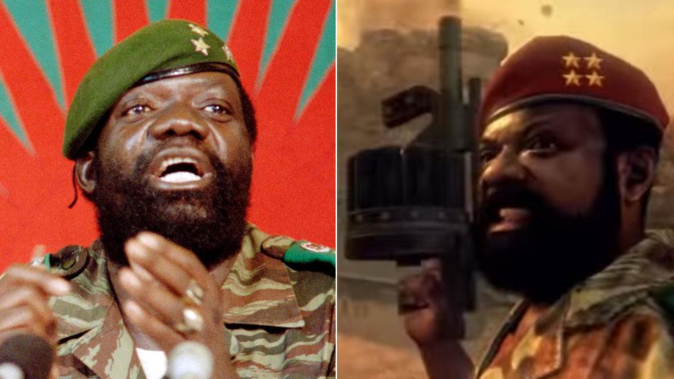 A composite showing Angolan rebel leader Jonas Savimbi and his depiction in the video game Call of Duty