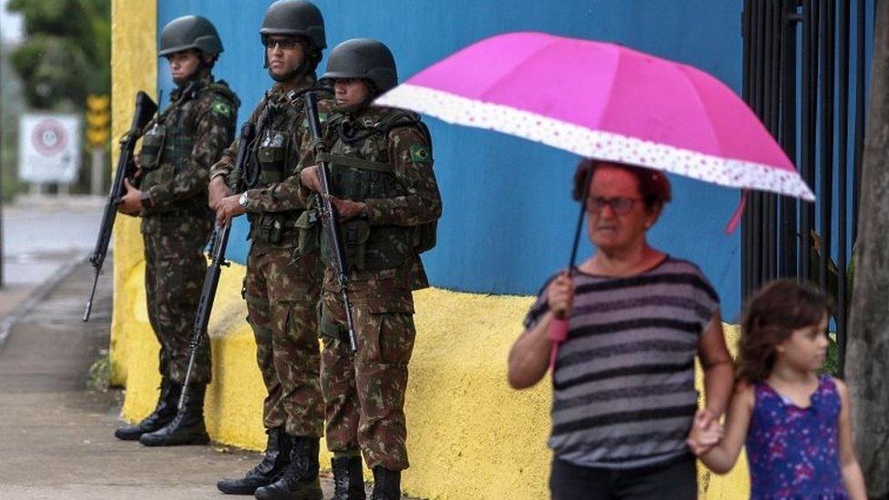 Brazilian soldiers patrol the streets of Fortaleza. Photo: 20 February 2020