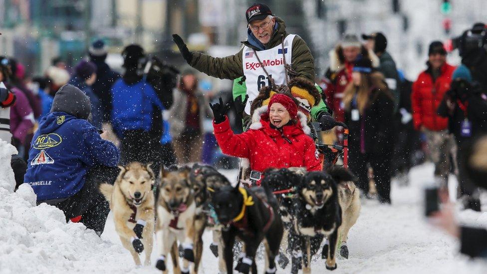 Musher Jeff King with team in Anchorage. 5 March 2016